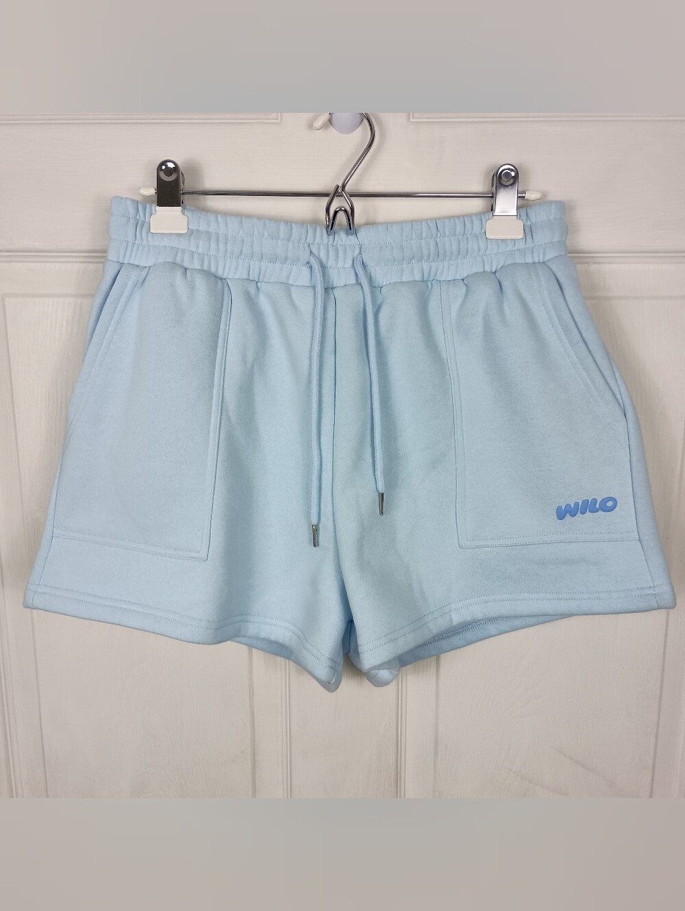 Wilo The Label Logo Fleece Jog Shorts Womens Medium Blue Pockets Loungewear NWT